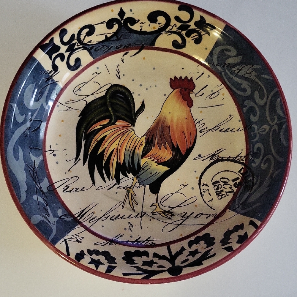 Artistic Rooster Plate with Blue and Cream Design